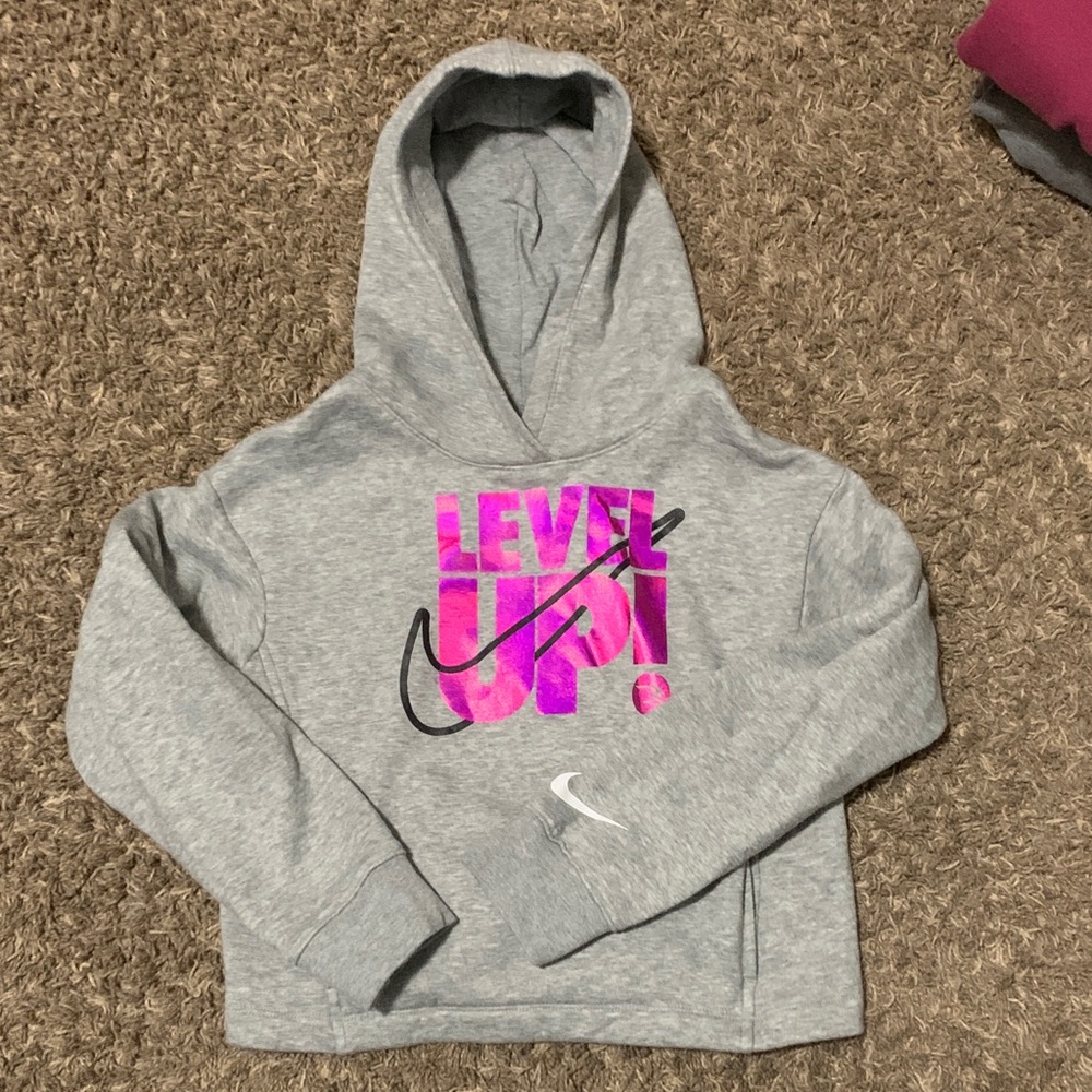Nike Heather Gray Hoodie with Vibrant Pink Graphic